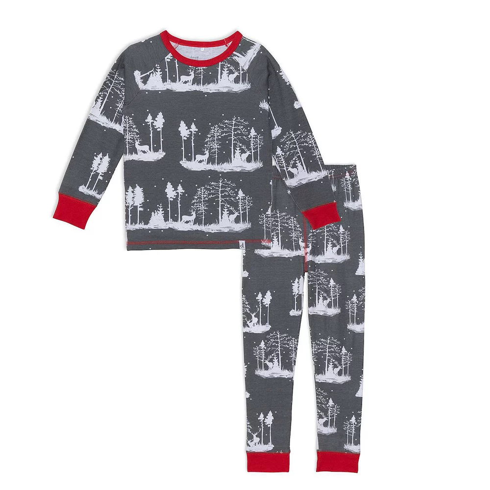 Organic Cotton Christmas Family Two Piece Printed Pajama Set With Deer And Trees