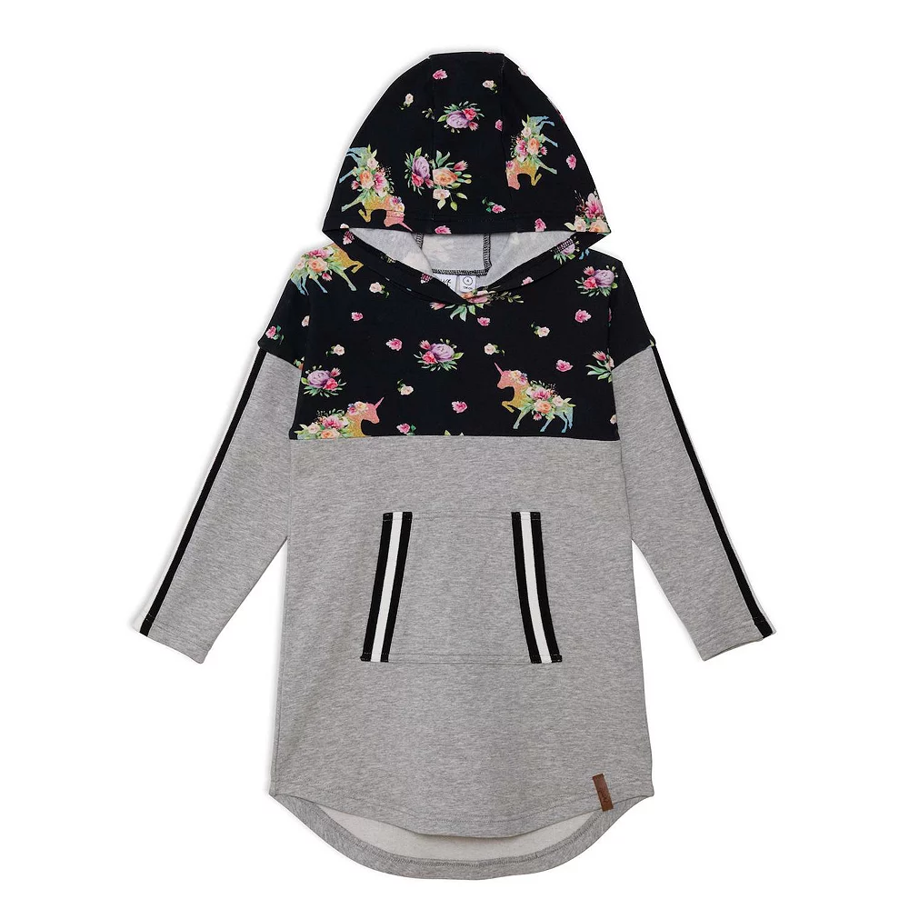 Hooded Long Sleeve Dress With Unicorn Print Light Grey Mix